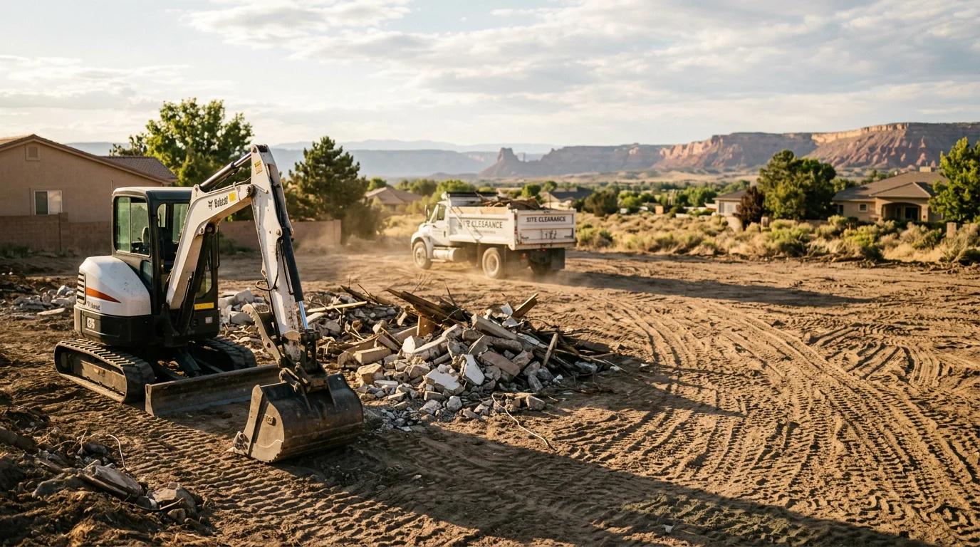 Excavation equipment removing a concrete foundation during demolition work
