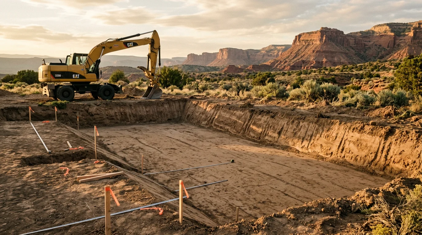 Excavated foundation hole with proper grading and drainage preparation
