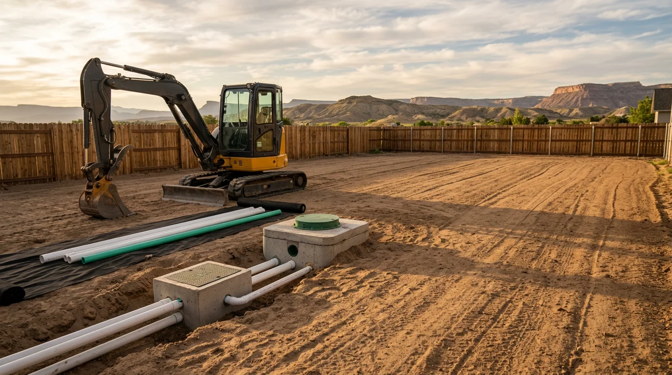 Excavation equipment preparing a site for septic system installation