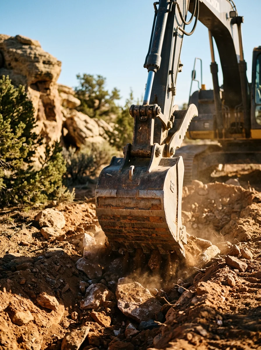 Close-up of an excavator bucket working through rocky Western Slope soil during a site preparation project on an acreage property.