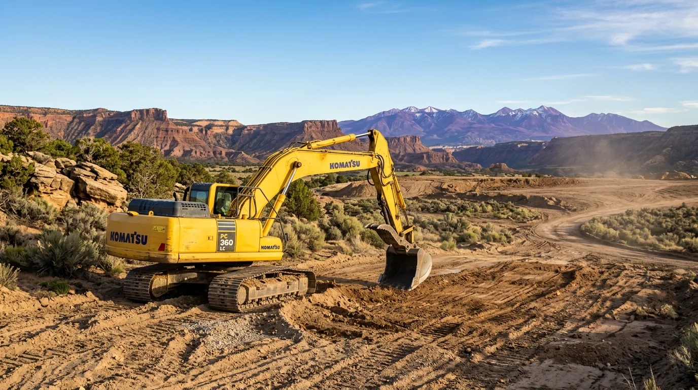Excavator grading a large rural parcel on Colorado's Western Slope with mesa terrain and distant mountains visible in the background.