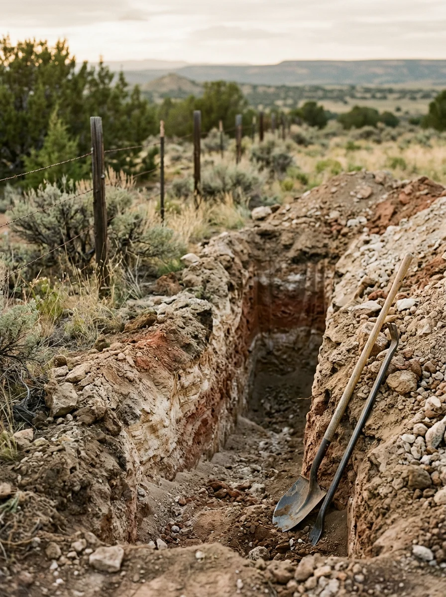 Septic system excavation on a rural Montezuma County property showing open tank trench in high desert caliche and clay soil profile.