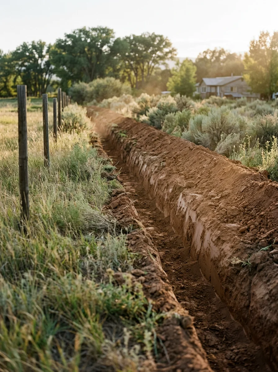 Drainage swale being cut along a Delta County residential property to redirect water away from a structure on clay-heavy river-bottom soil.