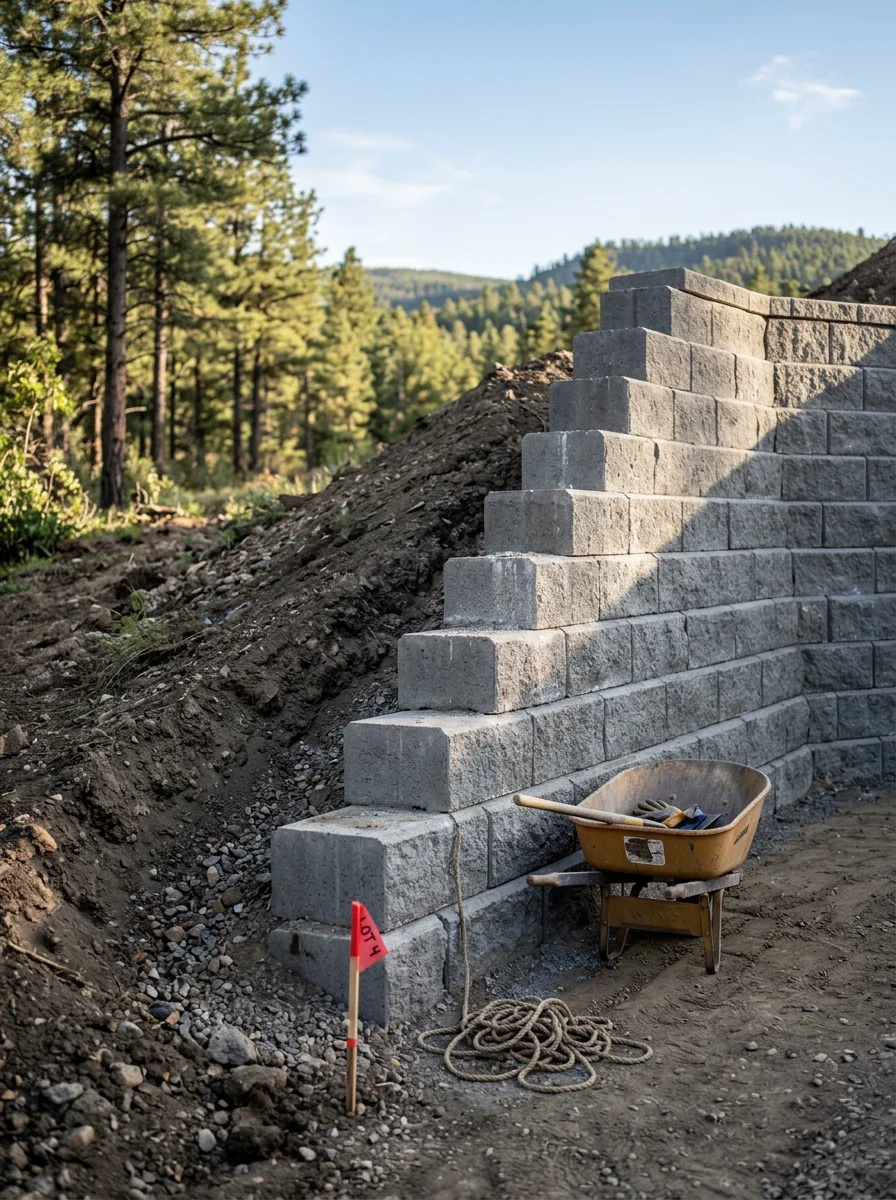 Retaining wall construction in progress on a sloped La Plata County property near Durango, showing stacked block wall holding a cut bank above a graded building pad.
