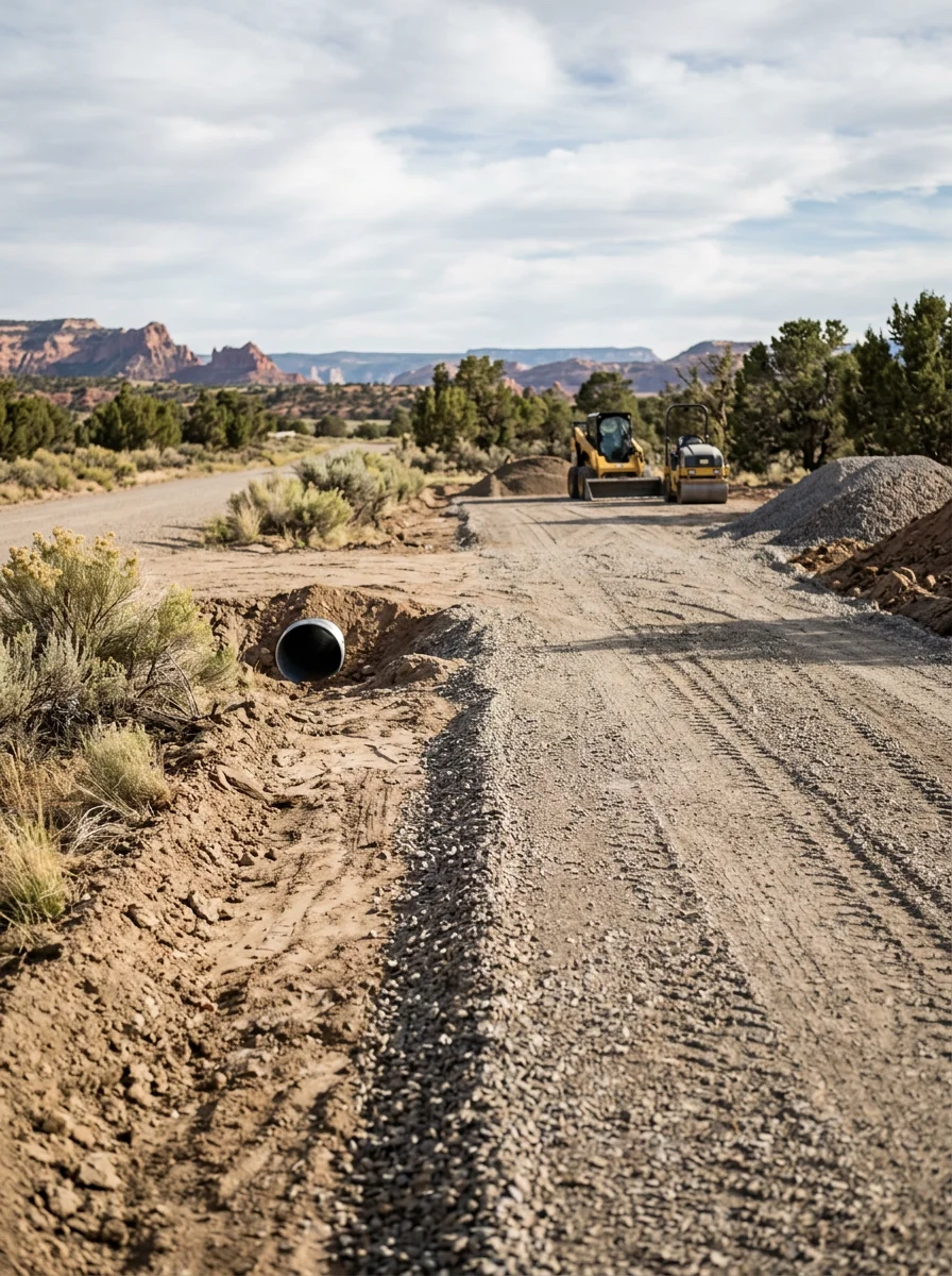 Gravel driveway construction in progress on a rural Loma-area property in western Mesa County, showing compacted base material and culvert installation at the road approach.