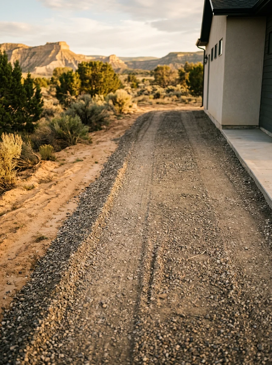Freshly graded driveway base on a Grand Junction property showing compacted aggregate and drainage slope away from the home.