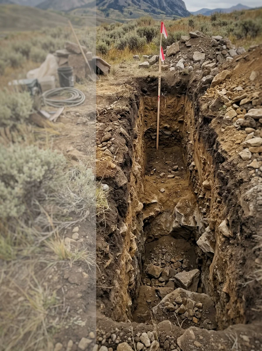Utility trench excavation in progress near Crested Butte, Colorado showing deep rocky soil profile required to reach below the 48-inch frost line.