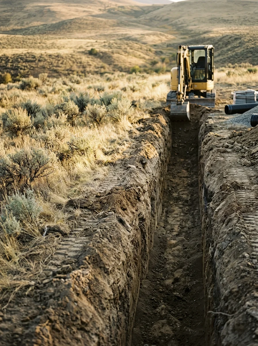 Septic system excavation in progress on a Montrose County rural property showing open trench and clay soil profile.