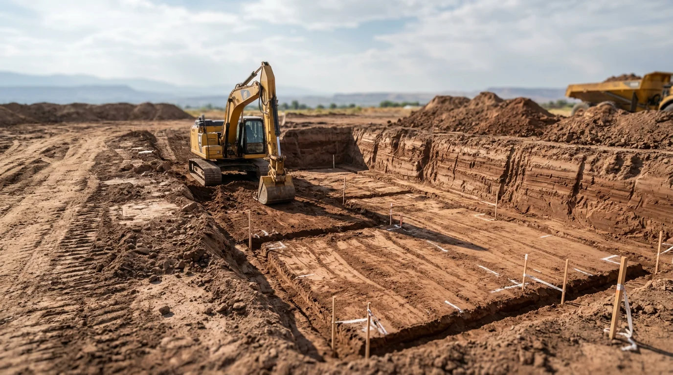 A freshly excavated basement pit on a residential property in western Colorado, with clean vertical walls cut into clay-heavy soil and a cleared work area ready for foundation work. The surrounding terrain reflects the high desert landscape typical of the Grand Junction and Montrose region.