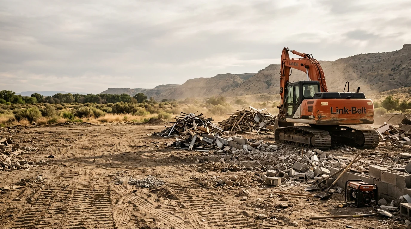 A single-story building being demolished by an excavator on a cleared lot on Colorado's western slope. Rubble and structural framing are visible mid-tear-down with open terrain in the background.