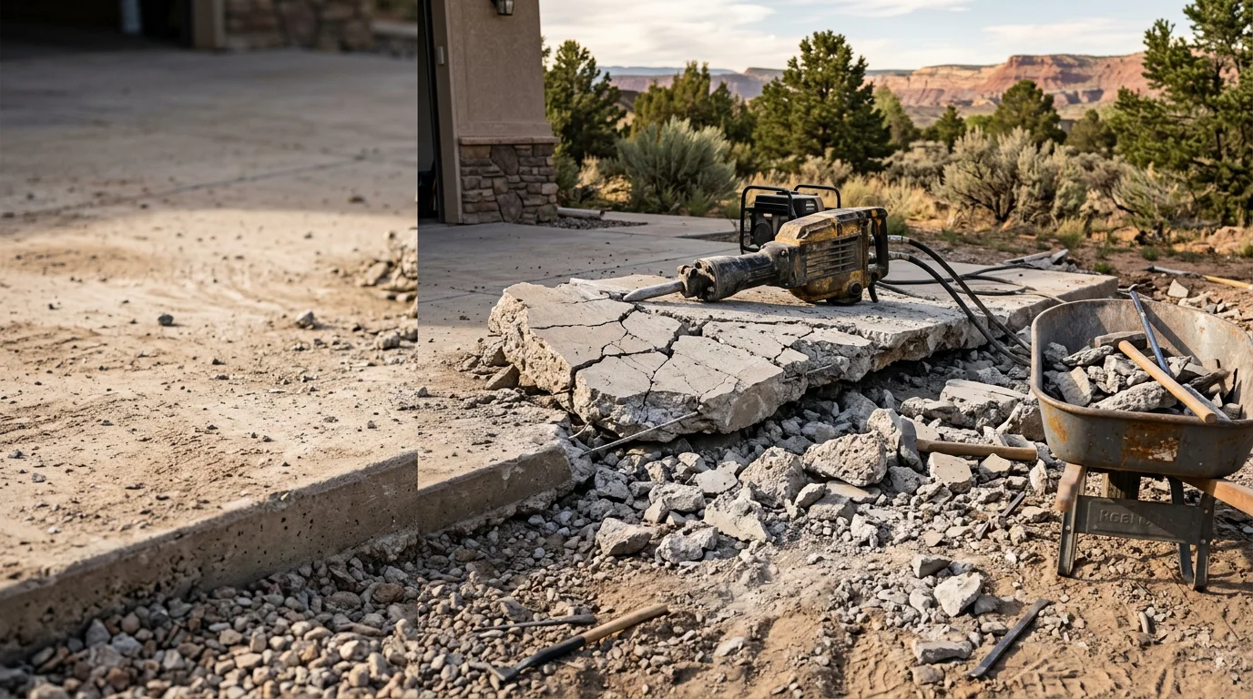 A concrete driveway slab being broken apart and removed by excavation equipment on a residential property on Colorado's western slope. Chunks of demolished concrete are staged for hauling away, with a cleared dirt surface visible beneath.