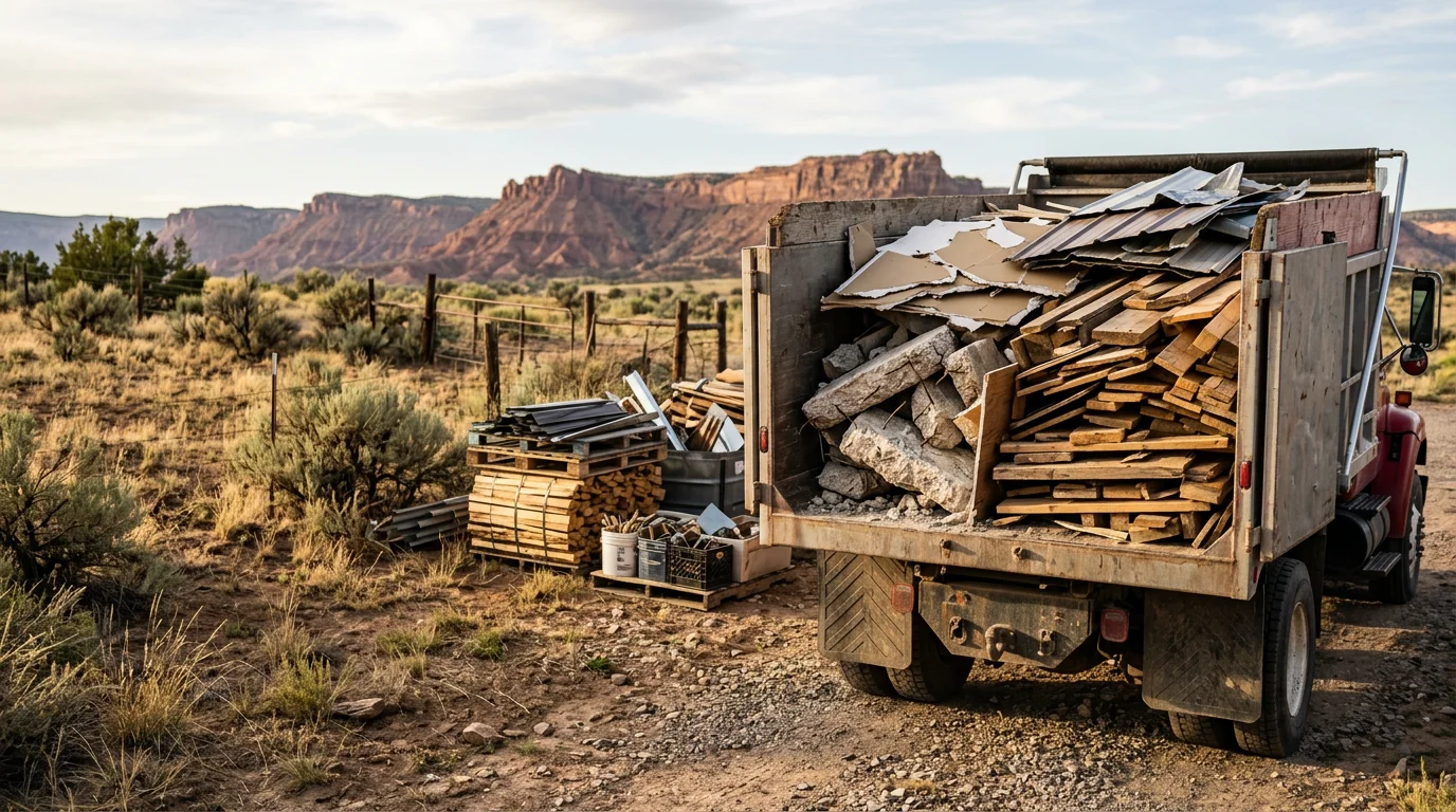 A cleared construction site on Colorado's western slope with a loaded haul truck removing mixed debris including scrap wood and broken concrete. The surrounding terrain shows the rural mountain landscape typical of the Montrose and Grand Junction area.