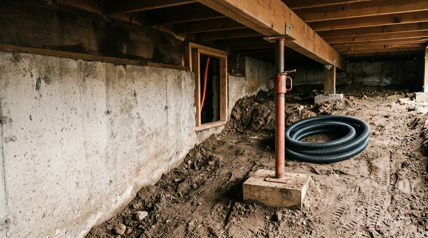 A crawl space beneath a western slope Colorado home after excavation, showing increased soil clearance and exposed floor joists with room to access plumbing and structural components. The dirt floor is level and the space is open enough for a worker to move and inspect the area.