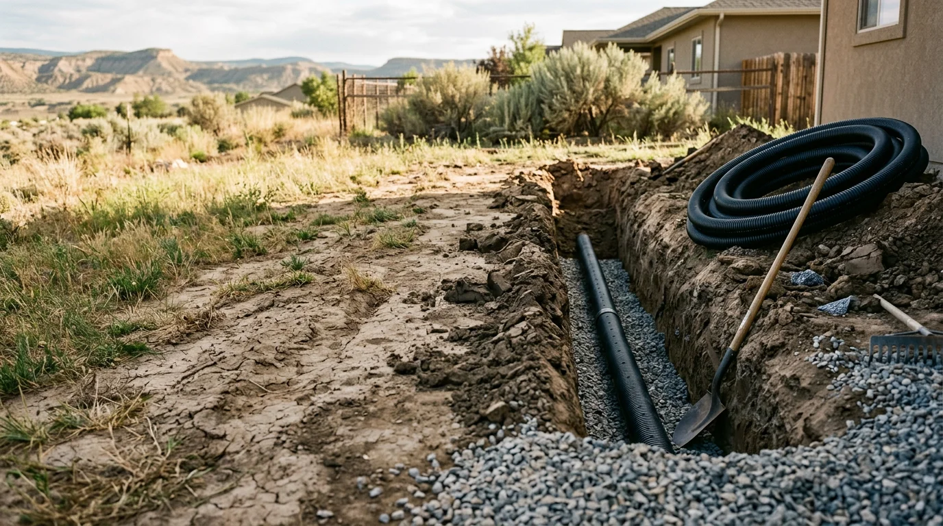 Excavated drainage trench on a western slope Colorado residential property with clay soil exposed and gravel-lined channel directing water away from a home foundation. Owner-operator completing subsurface drainage installation on a sloped lot near a rural mountain community.