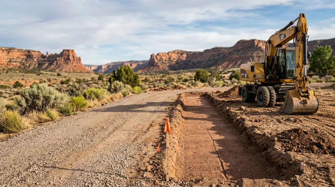 Freshly excavated driveway base on a western slope Colorado property, showing graded sub-base material ready for surface installation. Surrounding terrain reflects the high desert and mountain landscape typical of the Grand Junction and Montrose region.