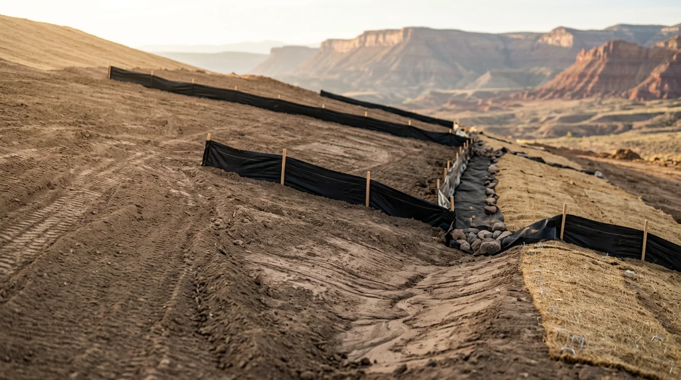 A stabilized hillside on Colorado's western slope showing graded slope contours and diversion channels protecting bare soil from runoff. Erosion control work completed by Wright Way Excavation in the Grand Junction and Montrose region.