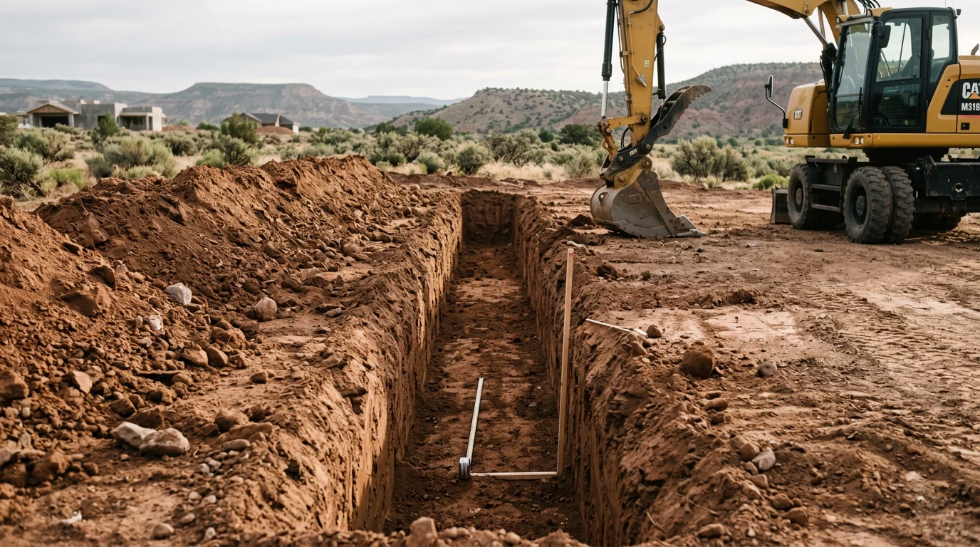 A compact excavator digging a straight footing trench on a residential construction site on the western slope of Colorado, with rocky high-desert terrain visible in the background. The trench walls are clean and level, ready for concrete footing placement.