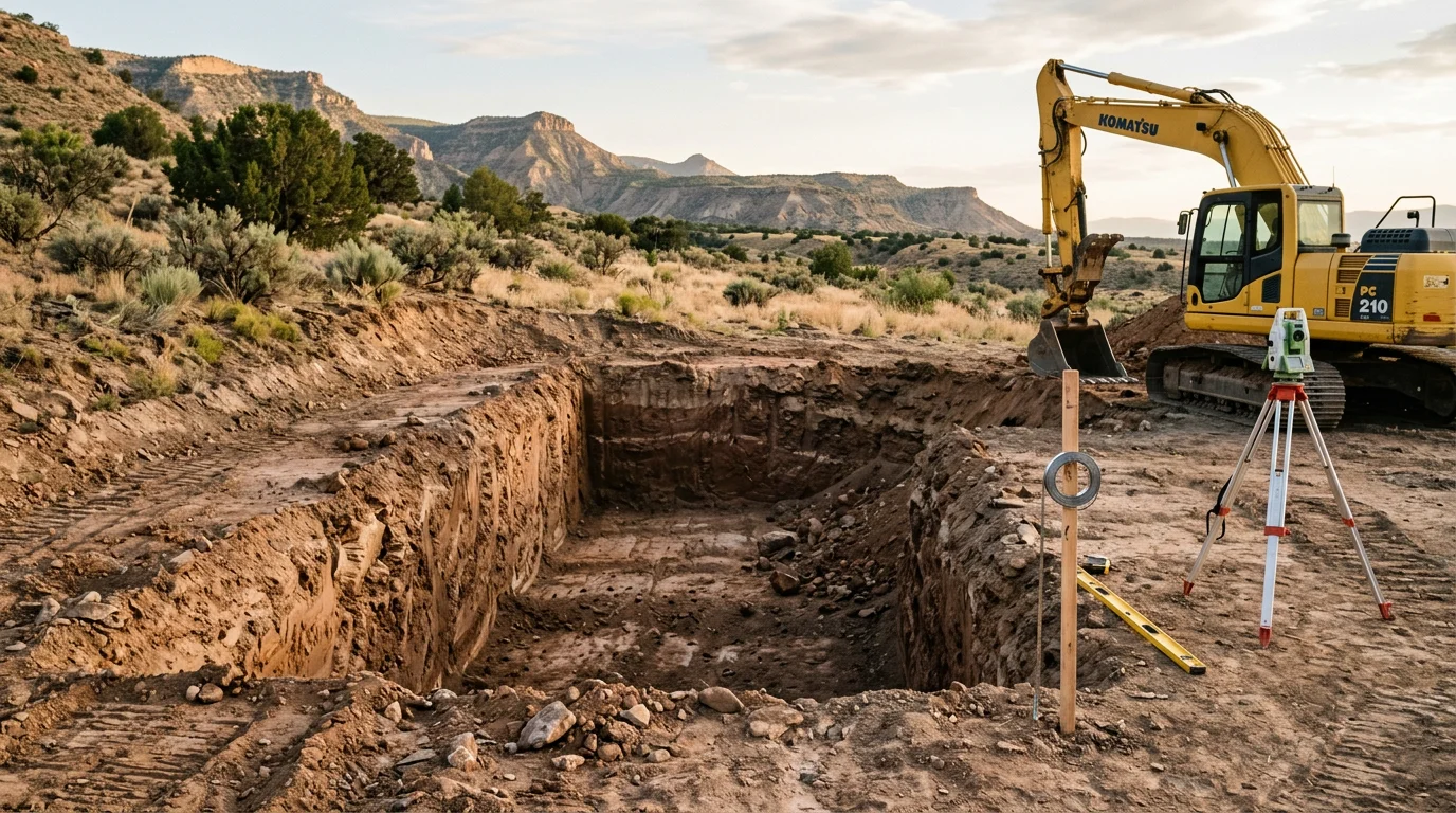 An excavator digging a clean, level foundation hole on a western slope Colorado building site with rocky terrain and open sky in the background. The excavation shows defined walls and a flat bottom prepared for a residential foundation pour.
