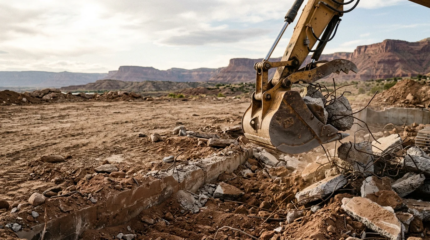 An excavator breaking apart and removing a concrete foundation on a western slope Colorado property. The cleared site shows exposed soil and removed footing sections ready for haul-off.