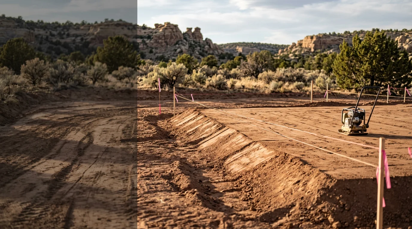 A cleared and rough-graded building lot on the western slope of Colorado, with compacted subgrade and drainage slopes shaped ahead of foundation work. An excavator is visible at the edge of the prepared pad on a rural property.