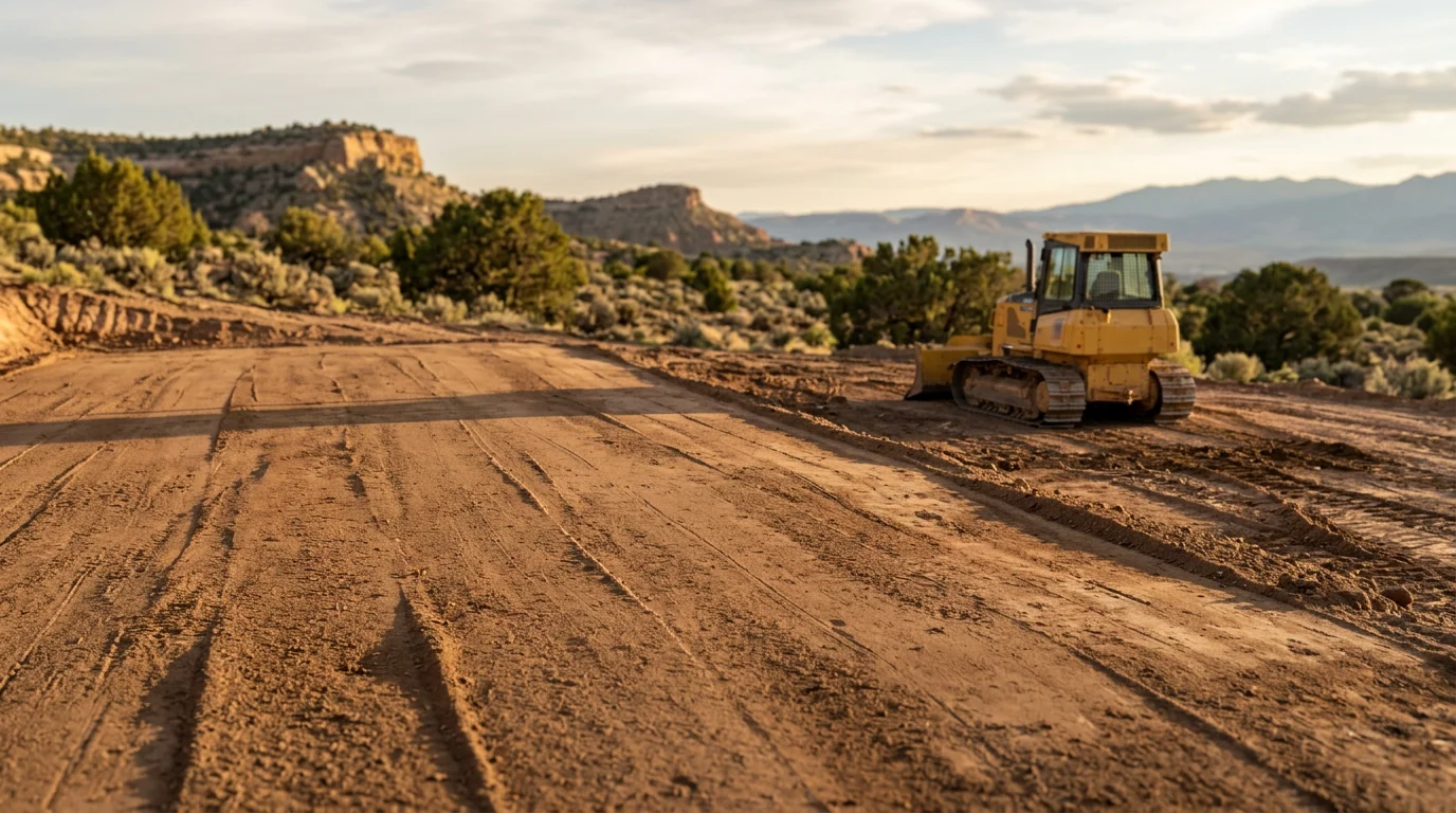 A graded and leveled building site on Colorado's western slope, with smooth compacted earth shaped to direct water away from the prepared pad. Surrounding terrain shows the region's characteristic mix of high desert scrub and distant mesa ridgelines.