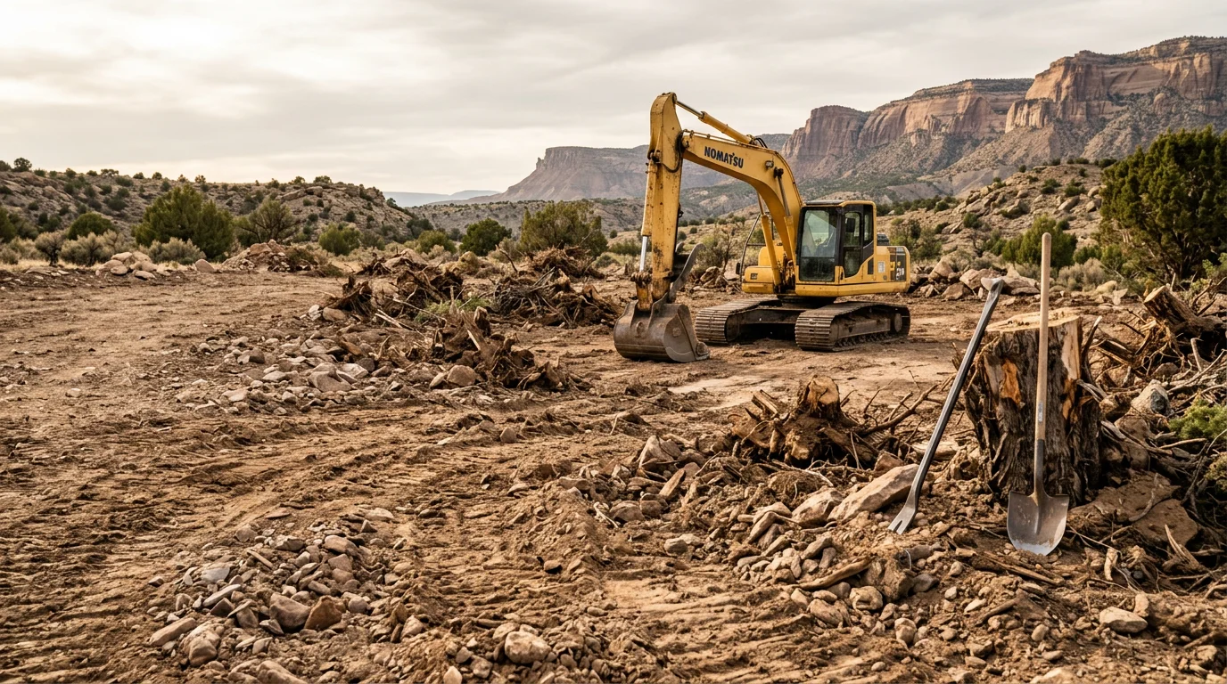 A western slope Colorado property with brush, scrub oak, and rocky terrain cleared by excavation equipment, leaving a flat open site ready for construction. Rolling hills and high-desert landscape visible in the background near Montrose or Delta.