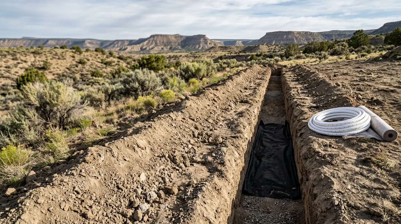 Freshly excavated septic drain field trenches on a rural western slope Colorado property, showing graded trench lines cut into clay-mixed soil with a clear view of the absorption field layout before backfilling.