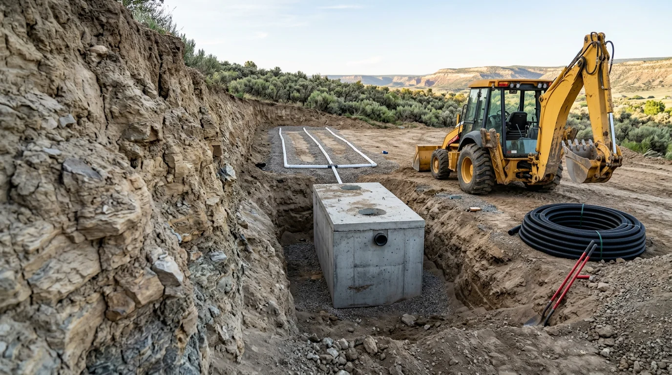 A freshly excavated septic system installation site on a rural western slope Colorado property, showing an open trench with a concrete septic tank being set into place against a backdrop of high desert terrain.