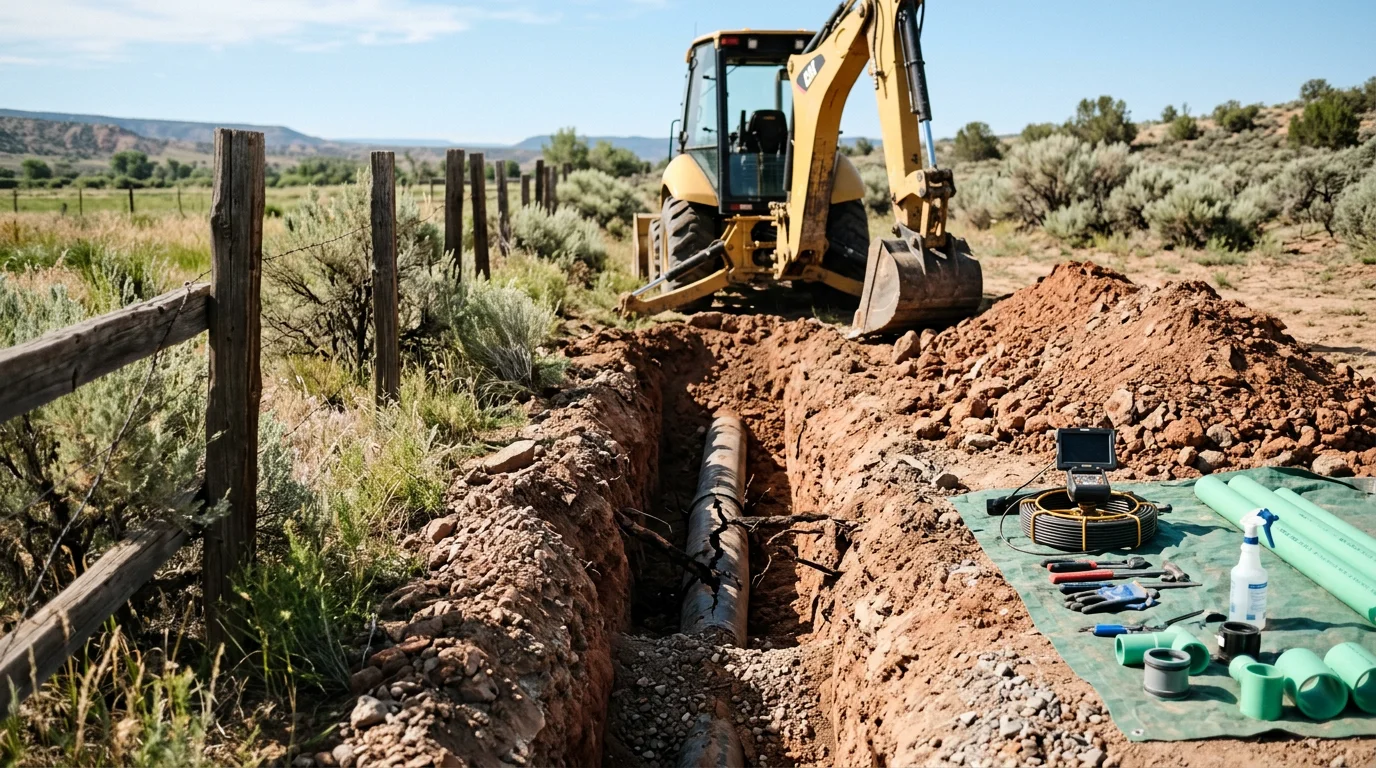 An excavated septic system repair site on a rural western slope Colorado property, with exposed tank components and disturbed soil visible against a backdrop of high-mesa terrain. A single operator works to assess and repair the system connection near the tank access point.
