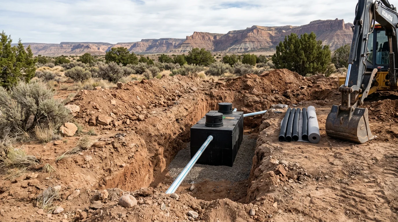 Excavator removing an old septic tank on a rural western slope Colorado property with rocky terrain and open land visible in the background. Site is prepared for new septic system installation with exposed soil and equipment from Wright Way Excavation on site.