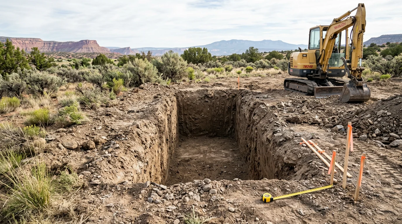 An excavator digging a precise septic tank footprint on a rural western slope Colorado property, with exposed clay and rocky soil visible along the trench walls. The surrounding land shows typical high-desert terrain common to areas like Delta and Montrose.