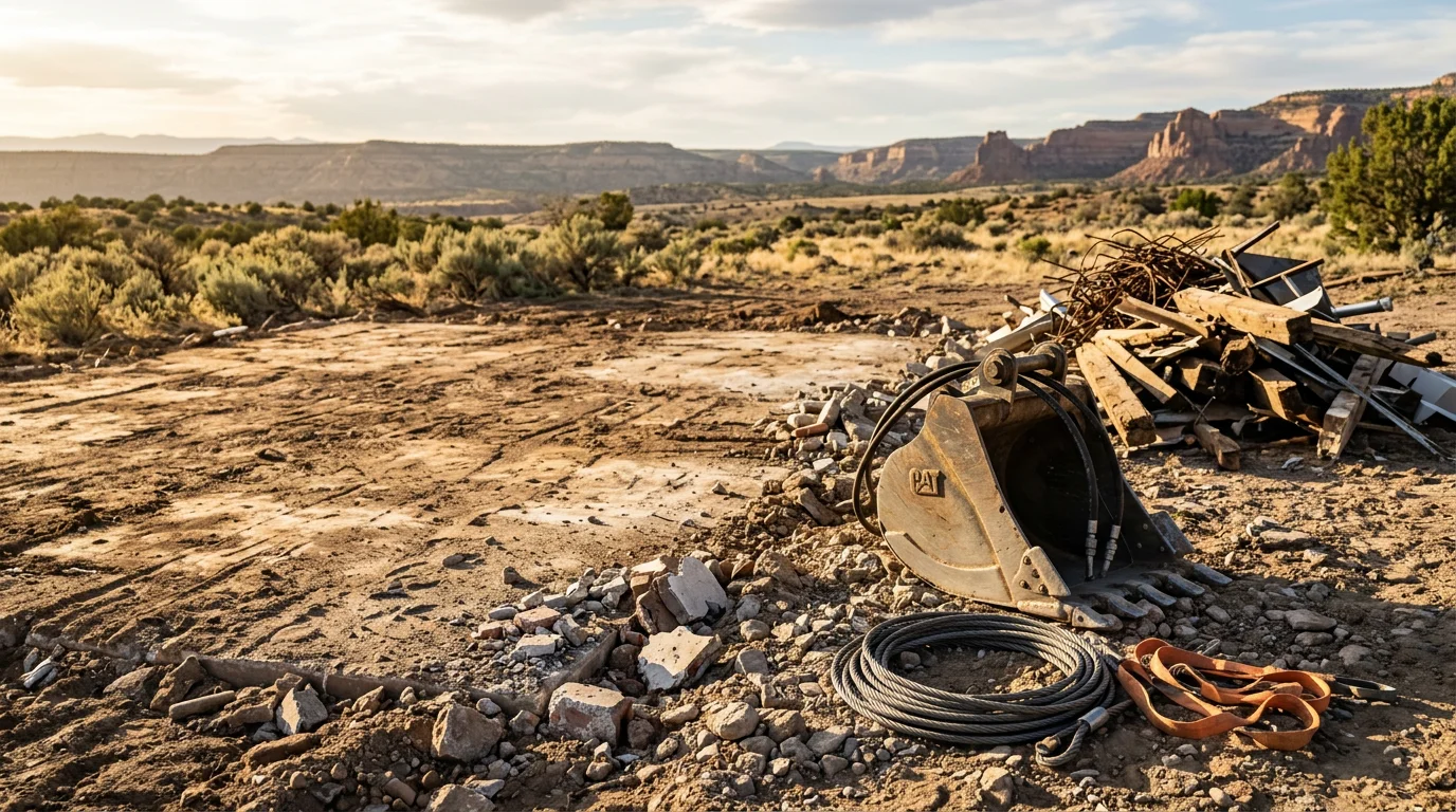 A cleared residential lot on Colorado's western slope after structure removal, with bare graded ground where an outbuilding once stood and open rural terrain visible in the background. A compact excavator sits at the edge of the site in Montrose County.